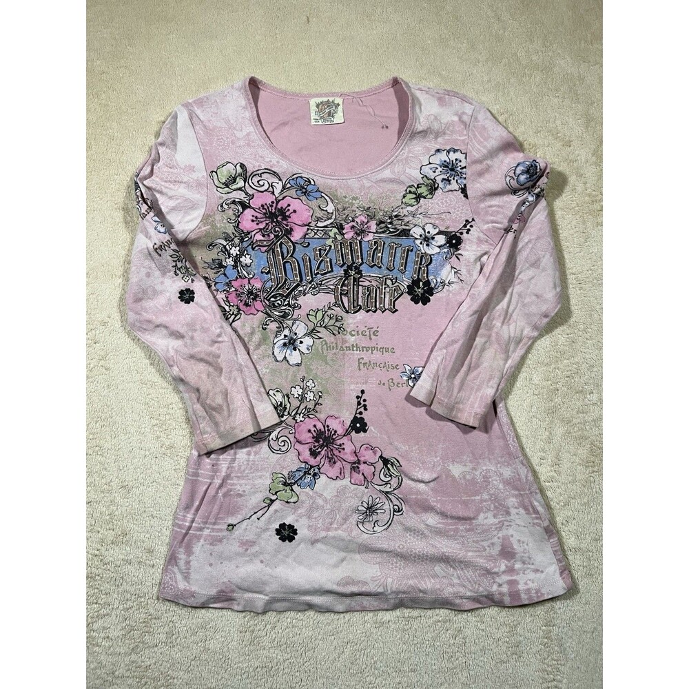 Y2K Skinny Minnie Longsleeve Bismark Cafe Size M Pink Floral Grunge USA Made